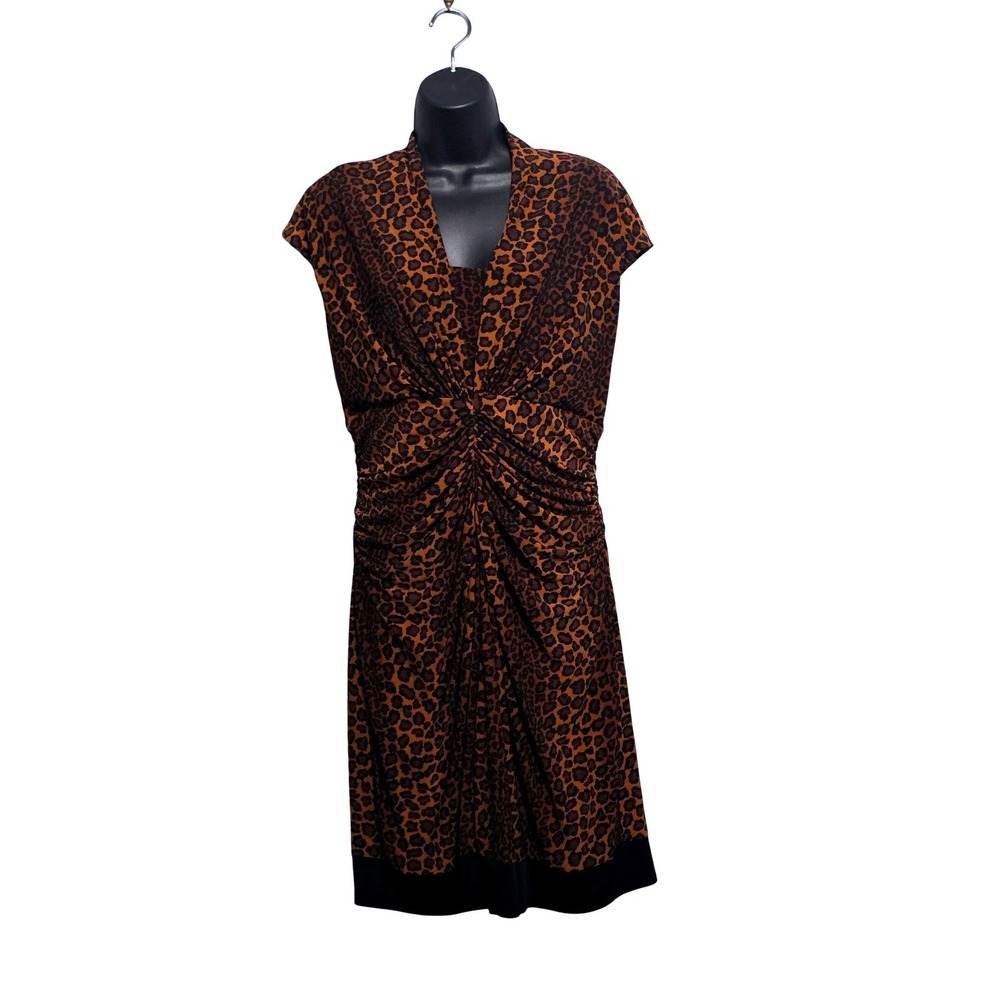 Jones New York Dress Womens 10 Leopard Print Ruched V-Neck Sheath Dress Brown
